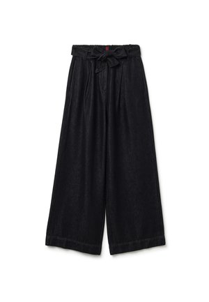 Hochtaillierte schwarze weit geschnittene Hose mit einem Stoffgürtel, der zu einer Schleife an der Taille gebunden ist, und mit Gürtelschlaufen sowie Fältchen.