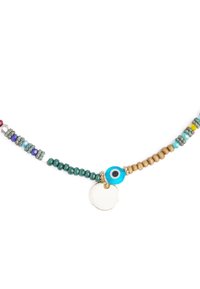 Collana di perline con accenti in turchese, viola e oro, dotata di un ciondolo circolare e di un motivo con l'occhio di ghiande, che presenta diverse trame e forme.