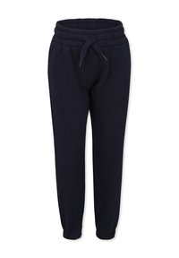 Marineblauwe joggingbroek met een trekkoord in de taille, taps toelopende pijpen en elastische manchetten. Gemaakt van zachte, comfortabele stof.
