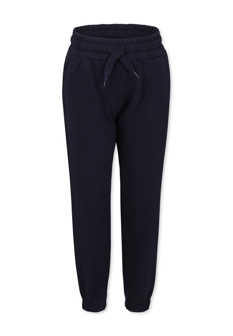 Marineblauwe joggingbroek met een trekkoord in de taille, taps toelopende pijpen en elastische manchetten. Gemaakt van zachte, comfortabele stof.