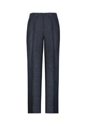 Pantaloni blu scuro in lino misto con vita elastica, taglio a gamba affusolata e pieghe frontali per una silhouette strutturata.