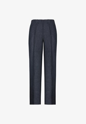 Pantaloni blu scuro in lino misto con vita elastica, taglio a gamba affusolata e pieghe frontali per una silhouette strutturata.