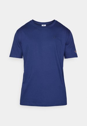 Kurzeilige navyblaue Baumwoll-T-Shirt mit Rundhalsausschnitt und kleiner Stickerei auf der Brust. Weicher Stoff, normale Passform.