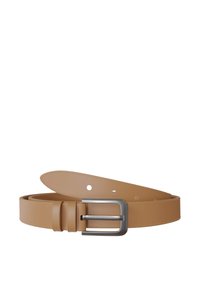 Heller Leder-Gürtel mit glatter Textur und einer silbernen rechteckigen Schnalle. Verfügt über mehrere Einstelllöcher zur Größenanpassung.