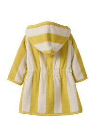 Striped bathrobe in yellow and white, made of terry cloth, featuring a hood, short sleeves, and an elastic waist.