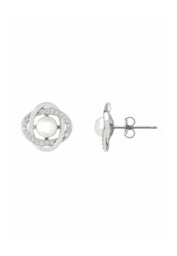 Silver stud earrings featuring a round pearl center surrounded by interlocking circular designs with clear accents. Smooth texture and polished finish.