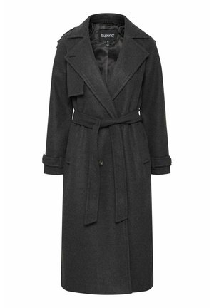 Grå ullblanding trenchcoat med notched krage, lange ermer, knappdetaljer og avtagbart belte, med en glatt, børstet tekstur.