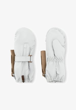 Beli vodoodporni rokavici z elastičnimi manšeti in rjavimi trakovi. Imajo zadrgo in teksturiran poudarek blizu osnove. Mehka površina.