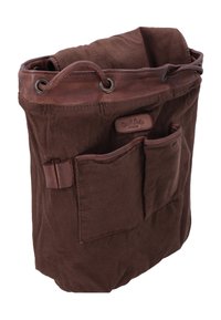 Brown leather and fabric drawstring bag with front pockets and a visible label reading "Quasi Ledger studio."