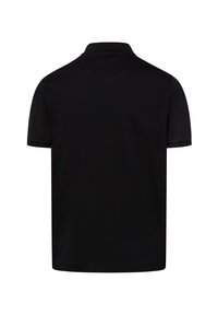 Schwarzes Polo-Shirt mit klassischem Kragen, kurzen Ärmeln und glatter Textur. Hat ein schlichtes Design ohne Muster oder Verzierungen.