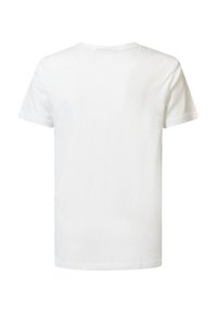 Camiseta de algodón blanca con cuello redondo y mangas cortas. Textura suave, ajuste casual, sin estampados ni adornos. Vista trasera.