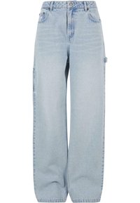 Heledad sinised denim cargo püksid laia lõikega, millel on küljetaskud ja klassikaline viie taskuga disain. Kanga tekstuur on pehme ja kergelt pleekinud.