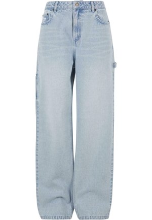 Light blue denim cargo pants with wide legs, featuring side pockets and a classic five-pocket design. Fabric has a soft, slightly faded texture.