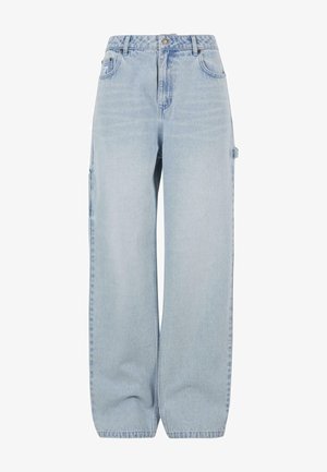 Lysblå denim cargo bukser med brede ben, der har sidelommer og et klassisk fem-lomme design. Stoffet har en blød, let falmet tekstur.