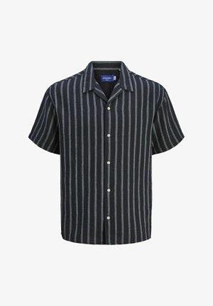 Kortærmet skjorte i marineblå og hvide striber, lavet af letvægtsstof. Har knaplukning foran og en klassisk kravedesign.