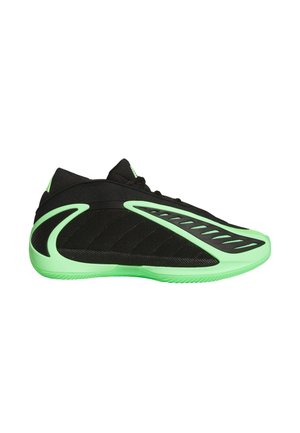 Scarpa atletica nera con tomaia in mesh strutturato e suola in gomma verde brillante. Caratterizzata da un design aerodinamico elegante e dettagli laterali distintivi.