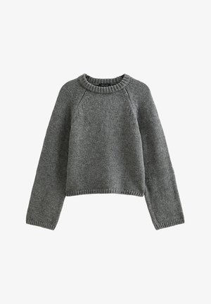 Grauer Strickpullover mit runden Ausschnitt, langen Ärmeln und kurzem Saum. Verfügt über gerippte Bündchen und Saum für zusätzliche Textur.