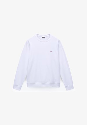 Bluza albă din țesătură moale, cu guler rotund, mâneci lungi și un mic logo colorat pe pieptul stâng.