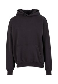 Schwarzer Pullover-Hoodie mit vorderer Kängurutasche, gerippten Bündchen und Saum sowie dezent gesticktem Logo auf der Brust.