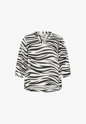 Zebraprint blouse in zwart-wit met een V-hals, 3/4 mouwen en een losse pasvorm. Gemaakt van lichtgewicht stof met een soepele textuur.