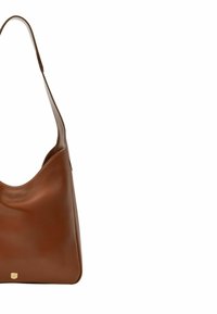 Brun läder hobo-väska med en slät yta, bred axelrem och subtila sy-detailer, prydd med en liten logoplåt i guldton.