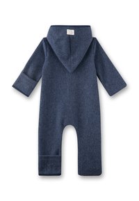 Navy blue fleece jumpsuit with a hood, long sleeves, and cuffed ankles. Features a tag at the back neck and a smooth texture.