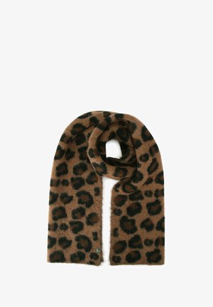 Écharpe marron duveteuse avec motif léopard noir, pliée en boucle avec les extrémités pendant vers le bas.