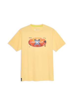 T-shirt en coton jaune à manches courtes, avec un motif graphique central comportant le texte "PRESS START" à l'intérieur d'une forme ovale.