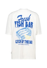 White t-shirt featuring blue graphic text "Fresh Fish Bar" with an illustrated sardine can and lemon slice, indicating a casual beach theme.