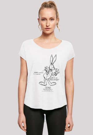 White short-sleeve t-shirt featuring a black cartoon illustration of Bugs Bunny with text annotations. Soft material with a relaxed fit.
