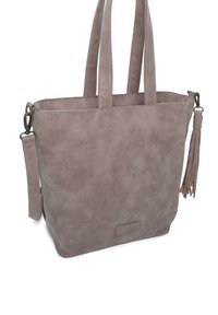 Borsa tote in finta pelle grigia con manici superiori doppi, tracolla rimovibile e dettaglio con nappina sul lato. Texture liscia. Design spazioso.