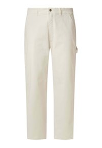 Beige katoenen broeken met een recht model, voorzien van zijzakken en een cargozak. Minimalistische stijl met zichtbare stiksels.