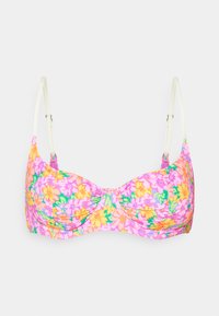 Blumiges Bikini-Oberteil mit einem Muster aus Pink, Gelb und Grün. Weicher Stoff, Bügelunterstützung, verstellbare cremefarbene Träger und ein gedrehter Mittelpunkt.