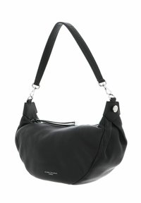 Sac à bandoulière en cuir noir avec une forme arrondie, doté d'une fermeture éclair, d'une texture lisse et de finitions en métal argenté. Logo de la marque à l'avant.