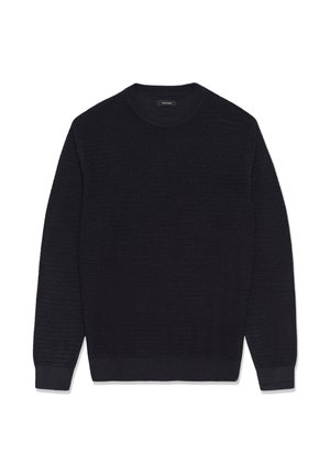 Pulover tricotat cu mâneci lungi, de culoare bleumarin închis, cu guler rotund tricotat cu dungi orizontale texturate.