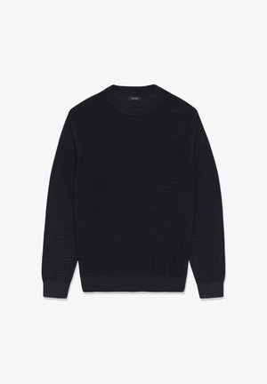 Pulover tricotat cu mâneci lungi, de culoare bleumarin închis, cu guler rotund tricotat cu dungi orizontale texturate.