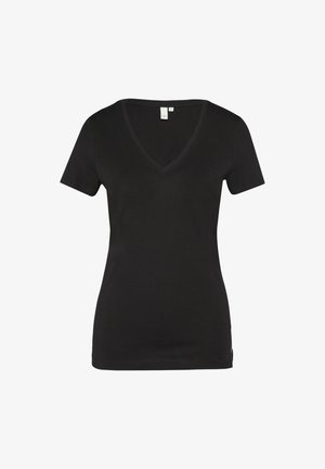 Čierne tričko s krátkym rukávom a výstrihom do V vyrobené z bavlny, s hladkou textúrou a minimalistickým dizajnom. Bez ozdôb, bez vzorov a akcentov.