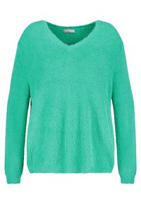 Miękki sweter w kolorze teal z dekoltem w kształcie litery V, o długich rękawach i luźnym kroju. Posiada ribbowe mankiety i dół.