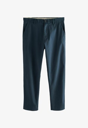 Sötétkék nadrág sima anyagból, gombos záródással, két oldalsó zsebbel és egyenes szárú kialakítással.