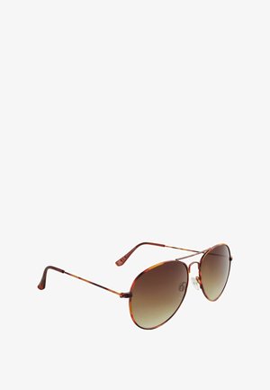 Lunettes de soleil aviateur en écaille de tortue avec des verres dégradés marron, monture en métal et plaquettes de nez ajustables. Présente des branches fines avec des extrémités courbées.