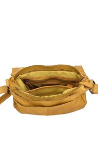 Borsa in pelle gialla con tracolla regolabile, dotata di una chiusura con zip e di più scomparti interni foderati in morbido tessuto giallo.