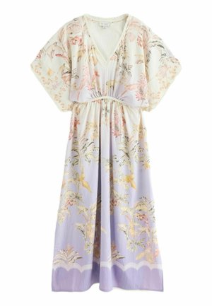 Floral print midi dress with short sleeves, V-neck, gathered waist, and a lilac gradient background fading into cream.
