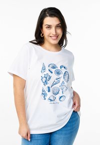 White t-shirt featuring a blue shell graphic design. The shirt has a relaxed fit and short sleeves, made from soft, breathable fabric.