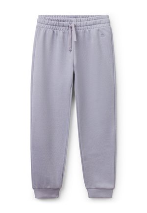 Pantalons de survêtement lavande clair avec une taille élastique à cordon de serrage, des chevilles resserrées, une texture douce et un logo discret sur le côté.