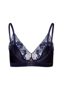 Rintaliivi tummansinisestä kankaasta, jossa on pitsiset kupit, satiiniset hihnat ja koukku- ja silmukkakiinnitys. Yläosassa on kukkapitsimallit ja alla sileä kangas.