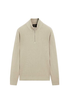 Pull en maille côtelée beige à manches longues et fermeture éclair courte sur un col montant.