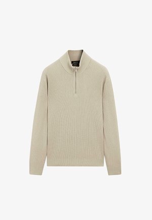 Beige ribbed knit sweater with long sleeves and a short front zipper on a stand-up collar.