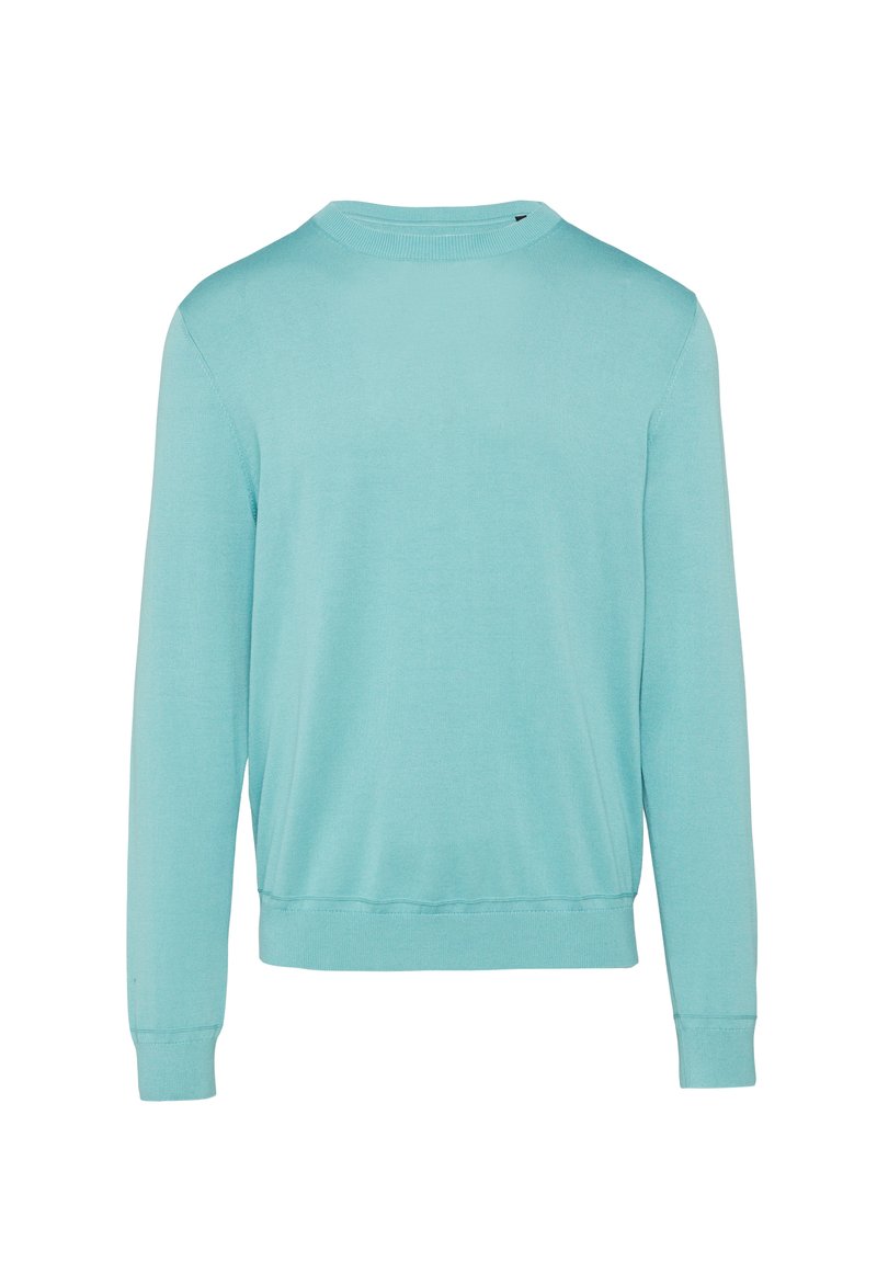Jasnoniebieski sweter, długie rękawy, okrągły dekolt, ściągacze na mankietach i dolnej krawędzi, miękki materiał, minimalistyczny design bez wzorów czy ozdób.