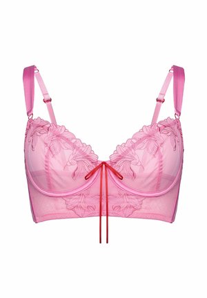 Różowy koronkowy biustonosz z kwiatowym haftem, regulowanymi satynowymi ramiączkami, fiszbinami i małą czerwoną kokardką na środku przodu.