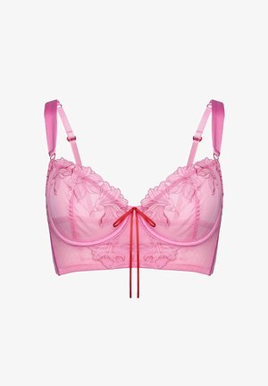Rosa Spitzen-BH mit floraler Stickerei, verstellbaren Satin-Trägern, Bügel-Cups und einer kleinen roten Schleife in der Mitte vorne.